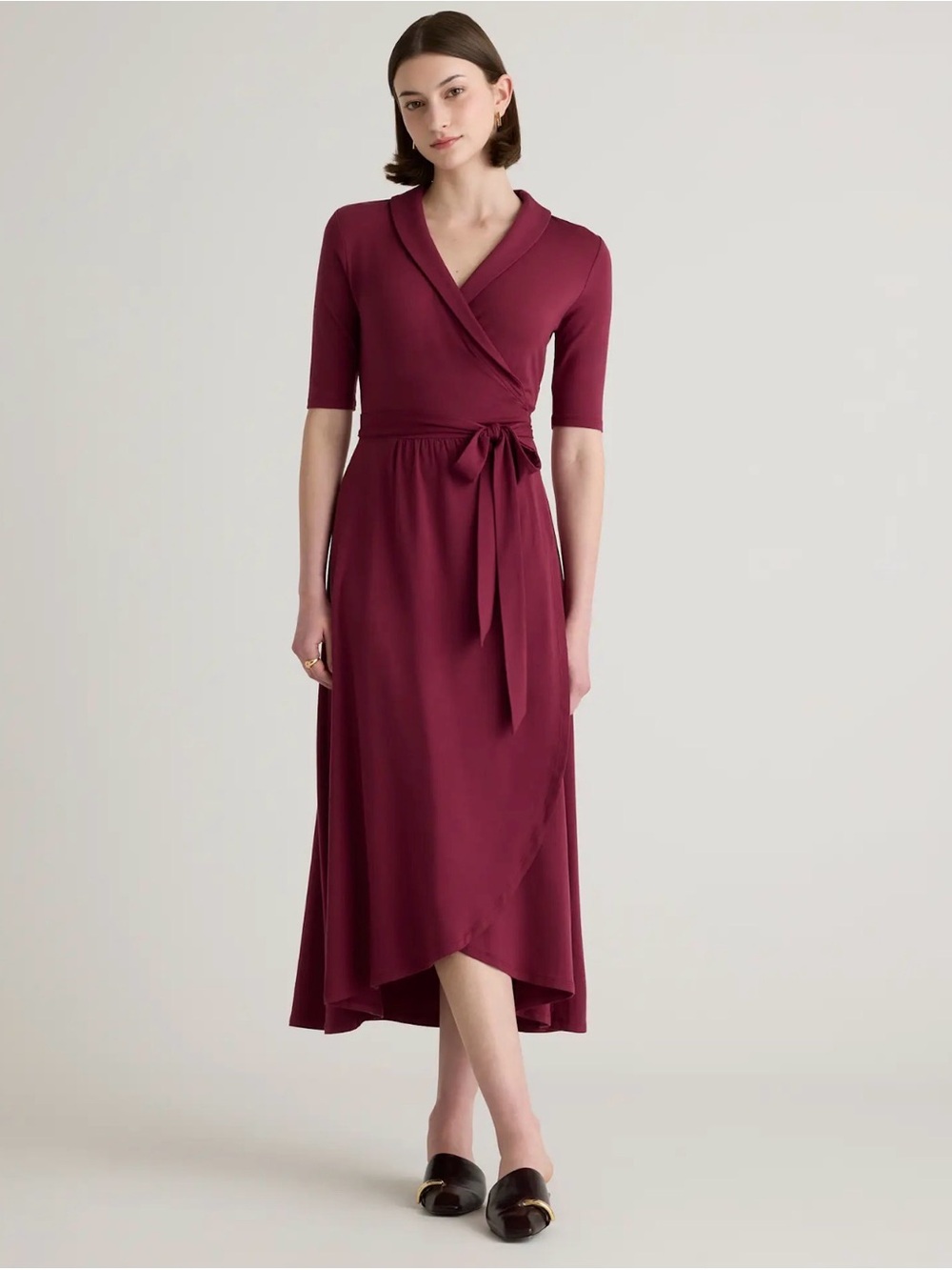 Quince Wine Tencel Wrap High-Low Midi Dress with Tie Waist - Retail $60